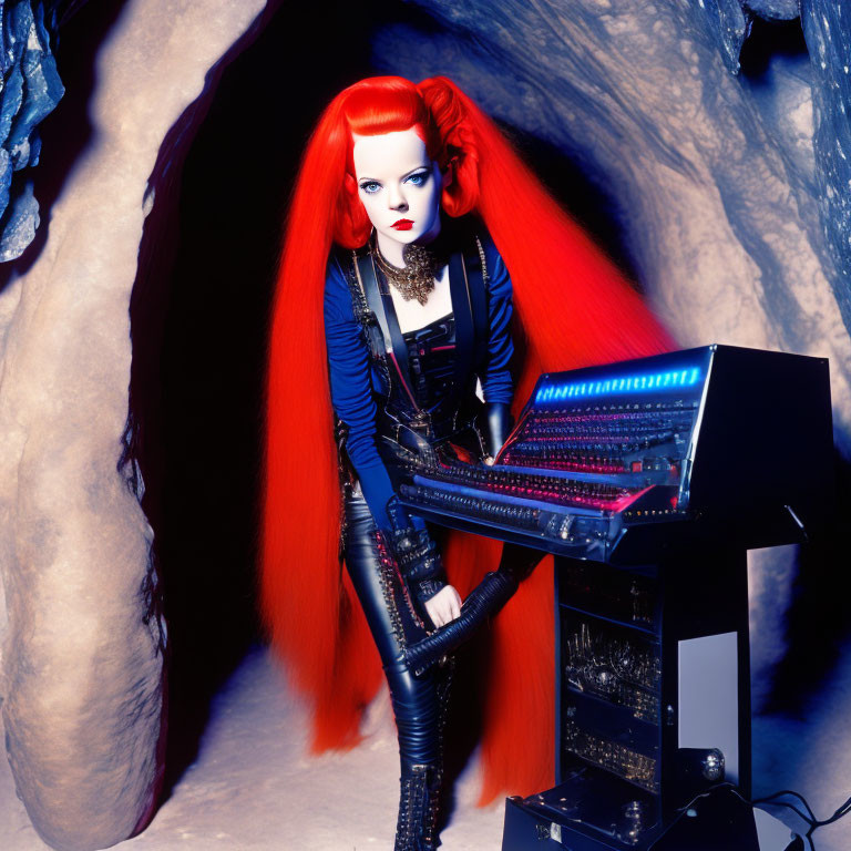 Red-haired woman playing synthesizer in icy blue cave in black and blue outfit