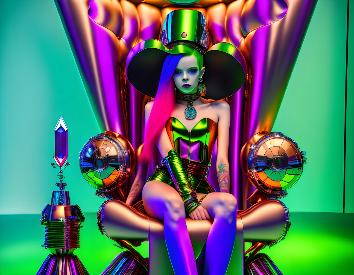 Colorful digital artwork of a blue-skinned woman on futuristic throne