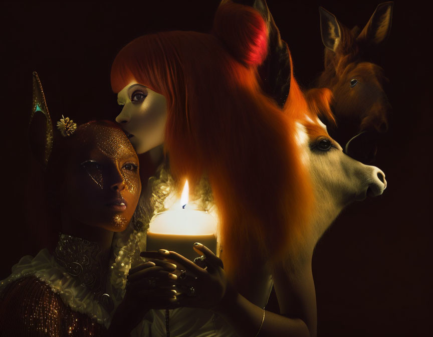 Two individuals with dramatic makeup and a horse head in dim lighting