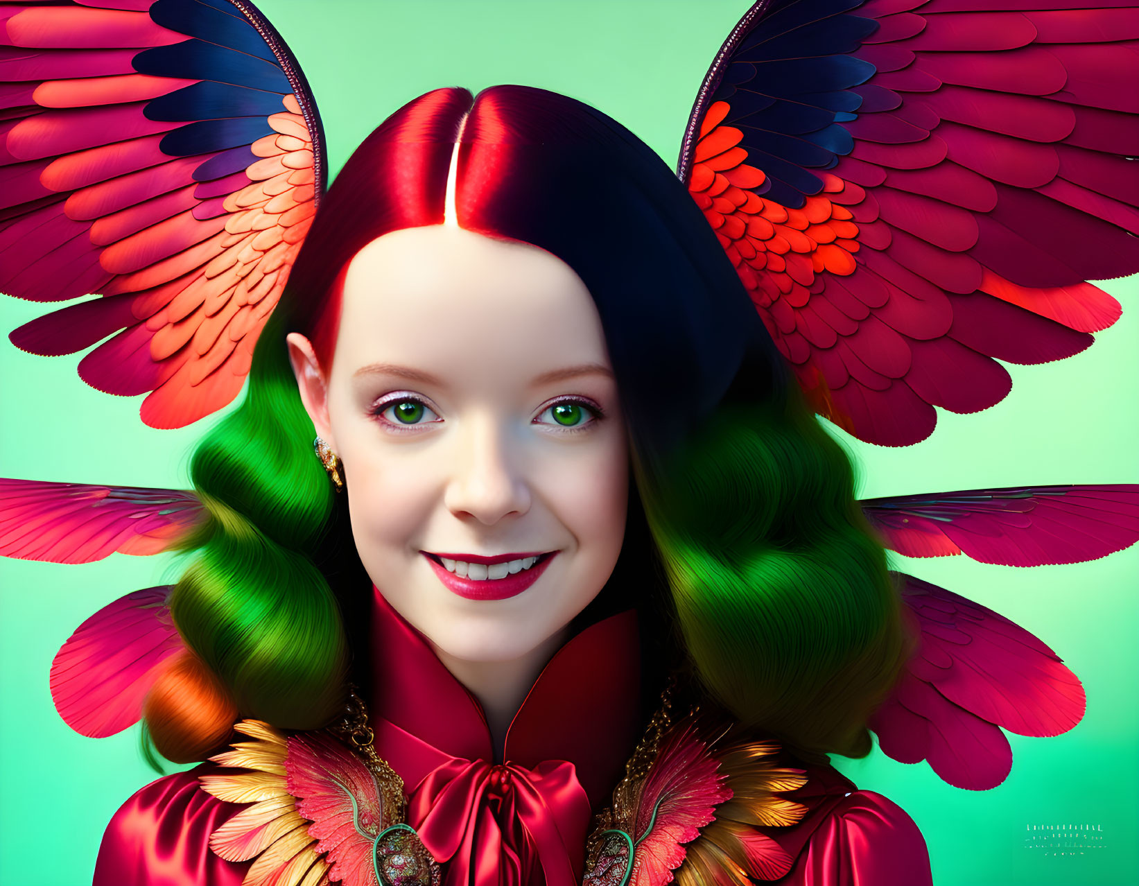 Colorful digital portrait of girl with red hair and butterfly ears on green backdrop