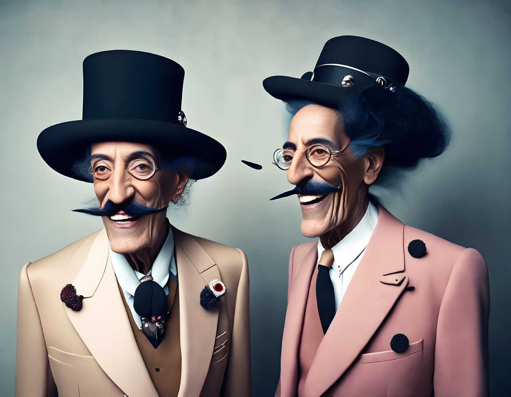 Exaggerated facial features and stylish attire with fake mustaches