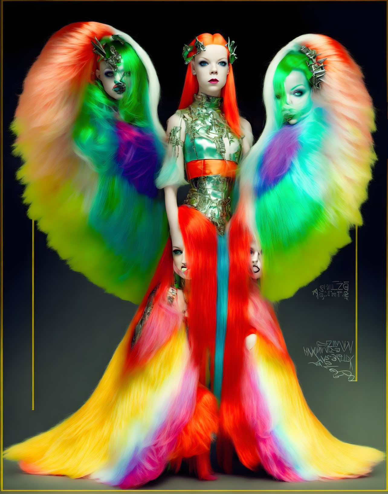 Vibrant rainbow hair models in avant-garde attire posing with feathers