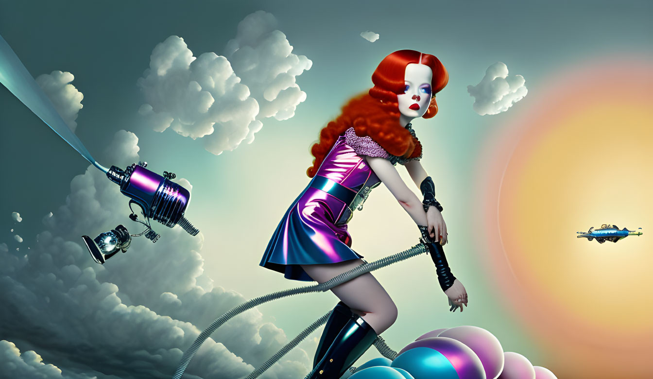 Vibrant red-haired woman in futuristic attire pulling sky plug