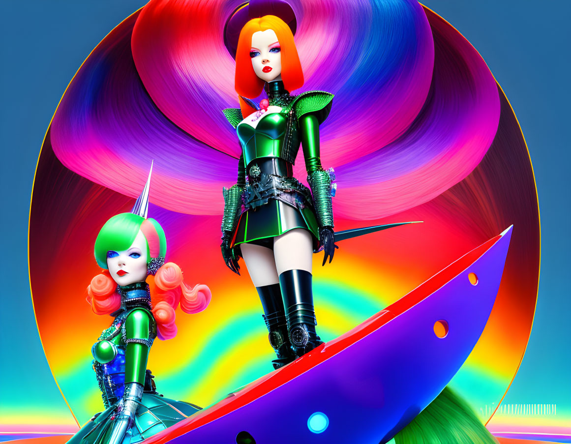 Futuristic female figures with vibrant hair in sci-fi armor on colorful swirl background