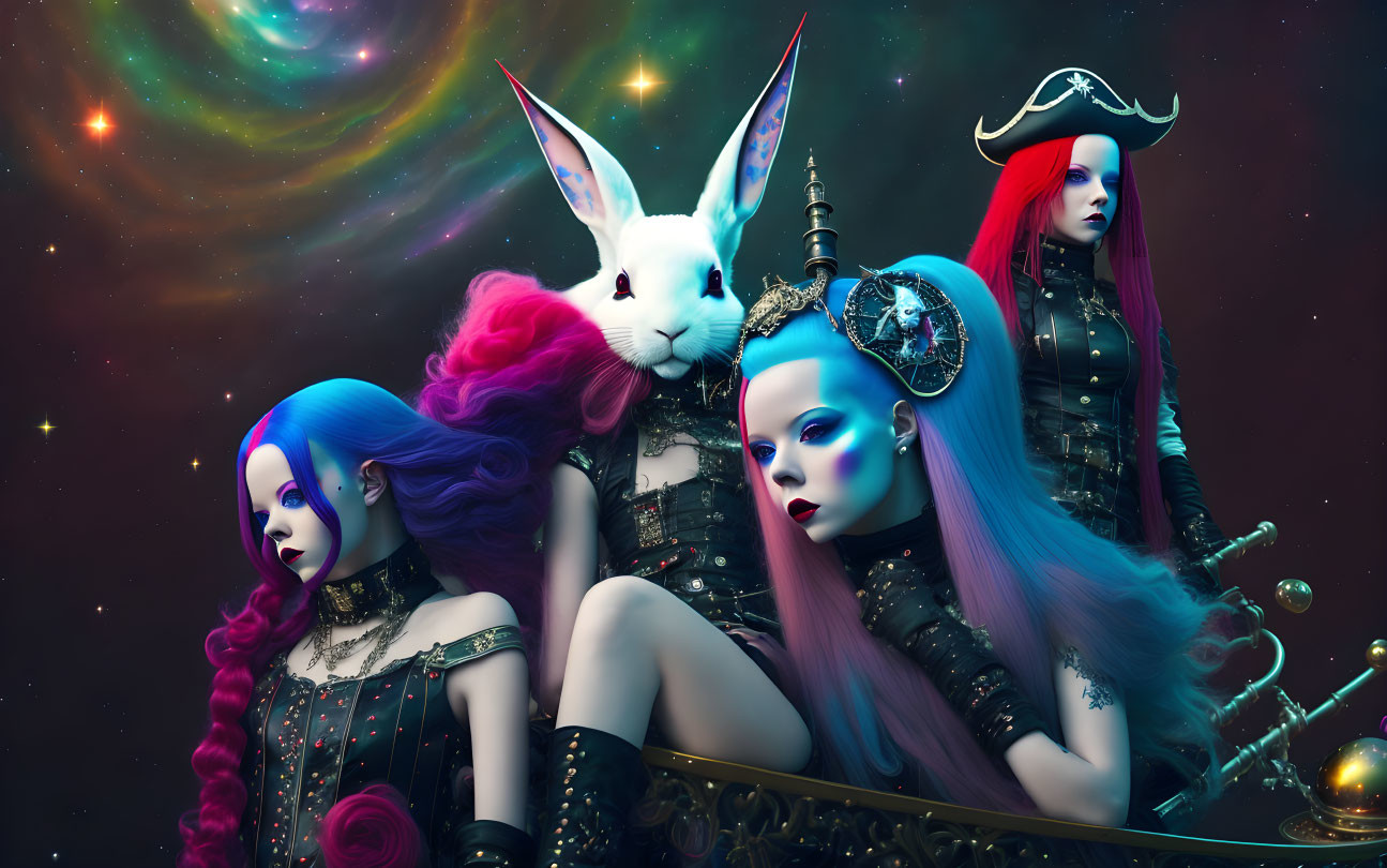 Colorful Hair Futuristic Characters & White Rabbit Figure in Avant-Garde Cosmic Setting