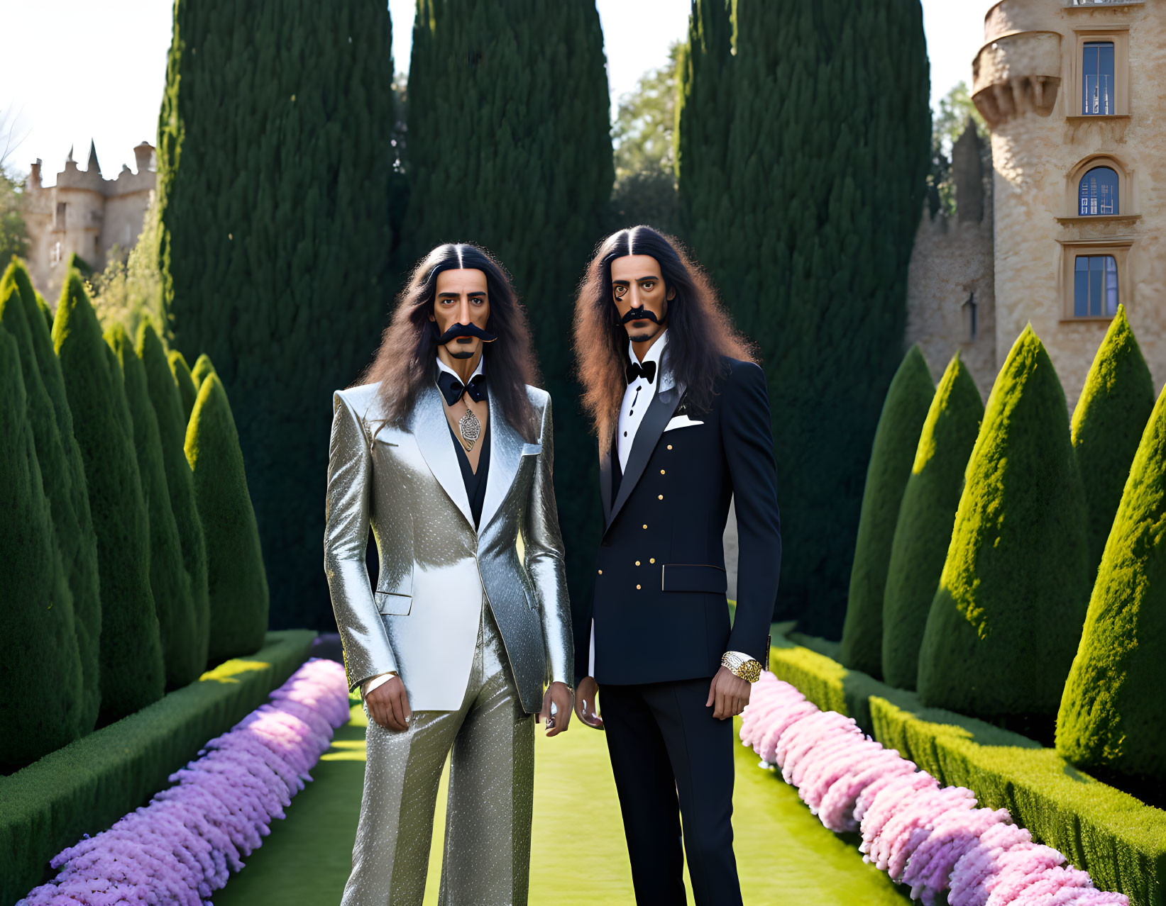 Men in stylish suits in formal garden with topiary and castle.