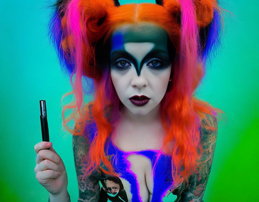 Colorful woman in costume with vibrant hair and makeup on green background