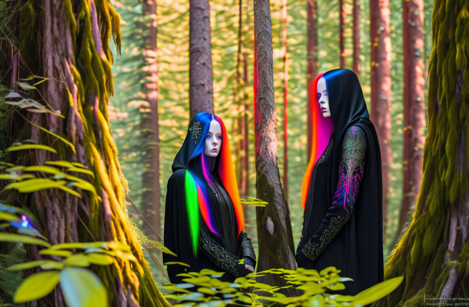 Mystical forest scene with two figures in hooded cloaks