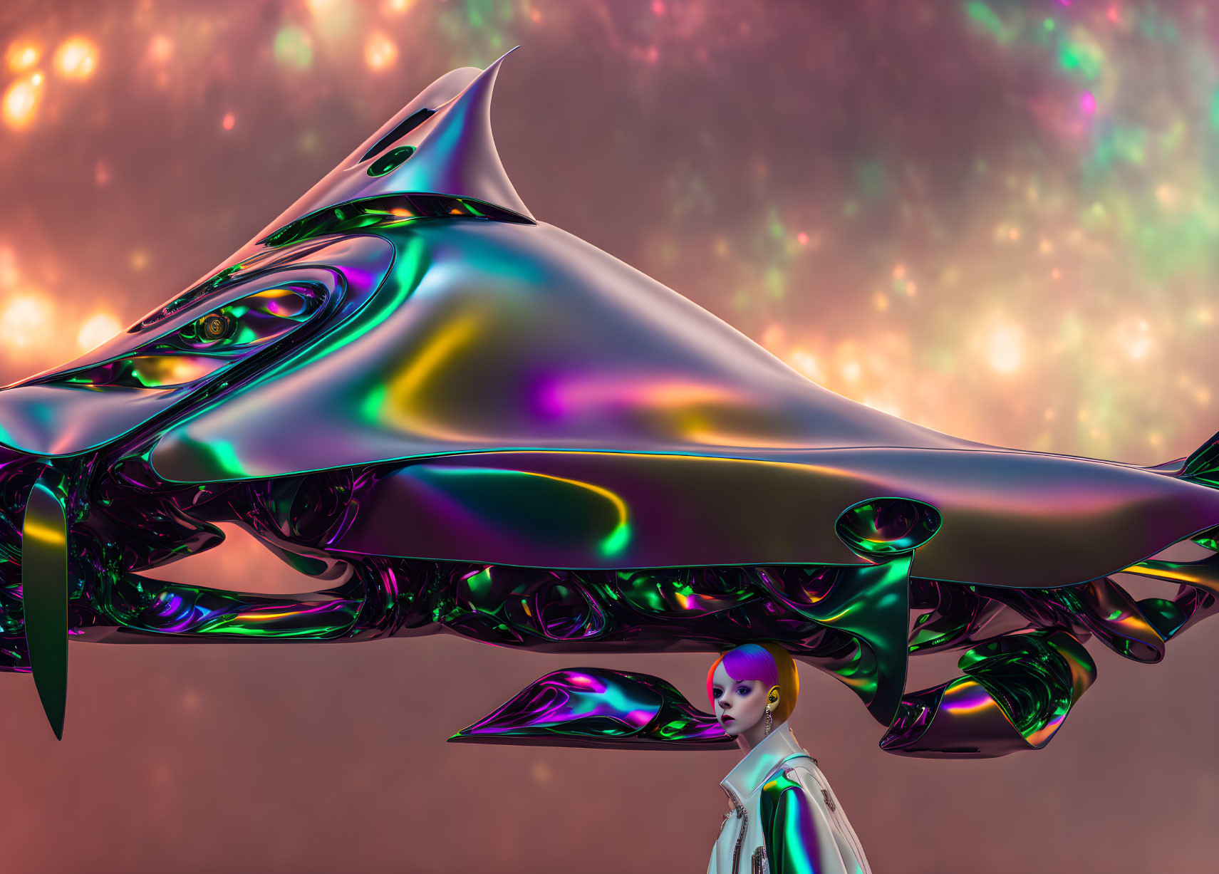 Futuristic chrome spaceship and modern person in iridescent colors against pink nebula.