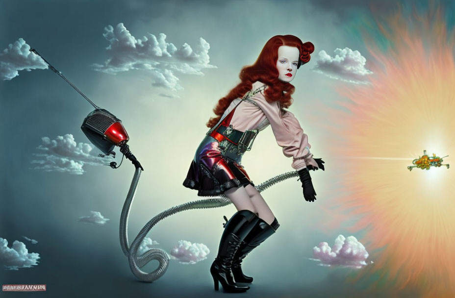 Surreal image of woman with red hair in eclectic fashion holding vacuum hose attached to spacecraft
