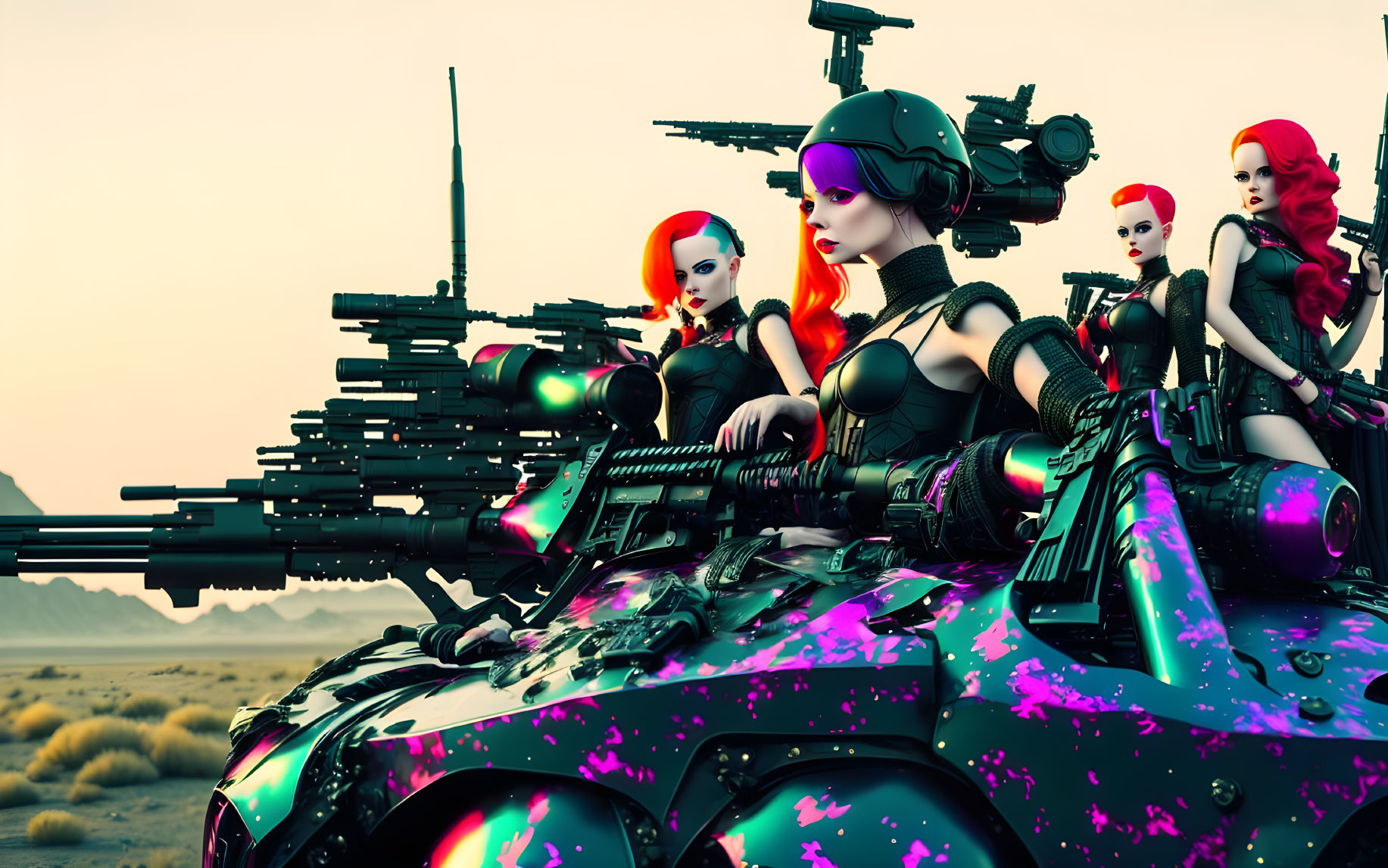 Futuristic female warriors in red hair and purple bodysuits on camouflaged tank with advanced