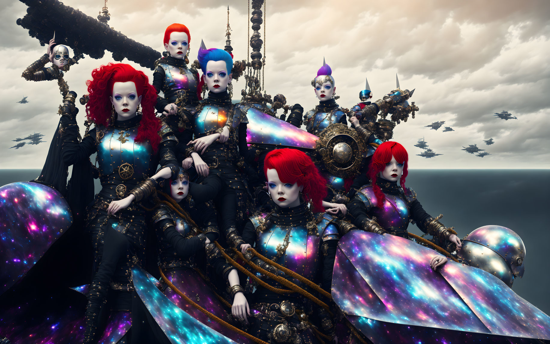 Multiple characters with red and blue hair in cosmic costumes against dramatic sky