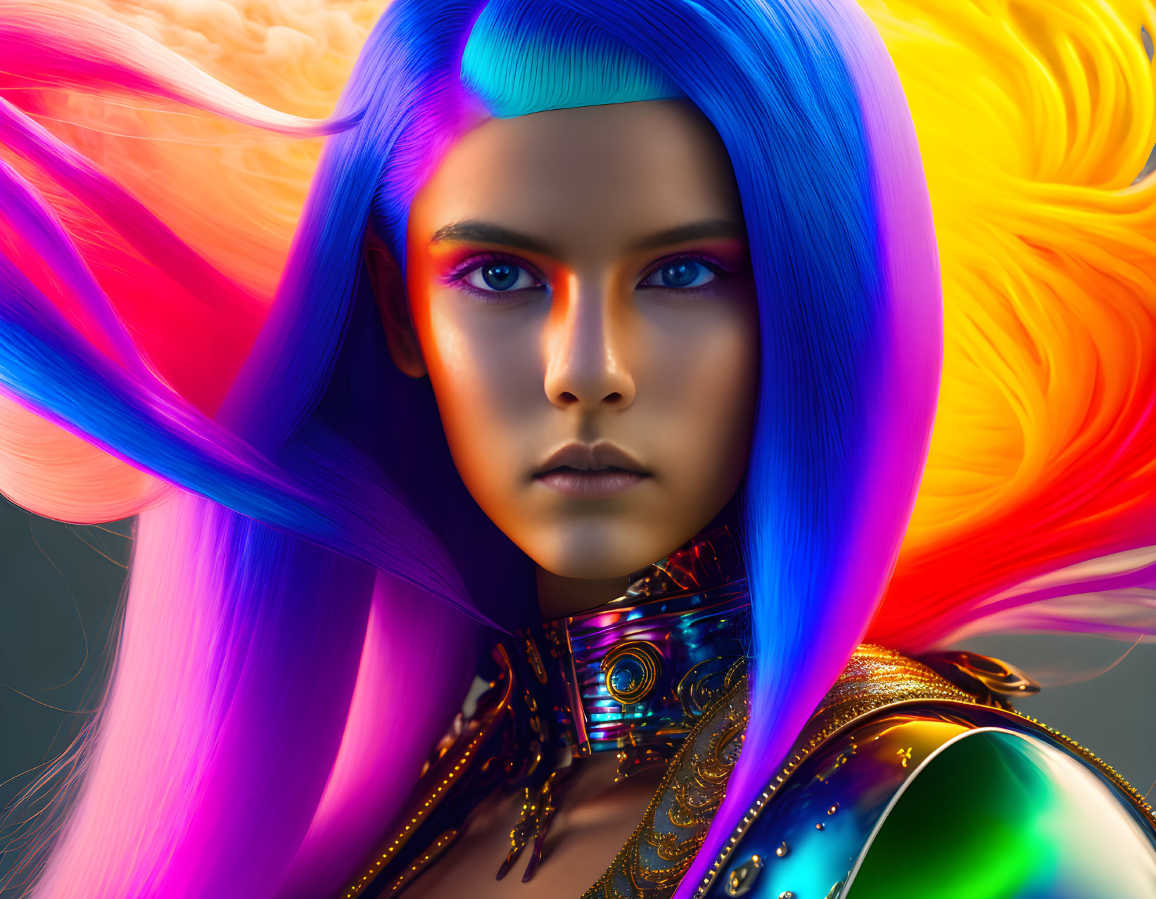 Vibrant rainbow hair and blue eyes in futuristic armor on cloudy background