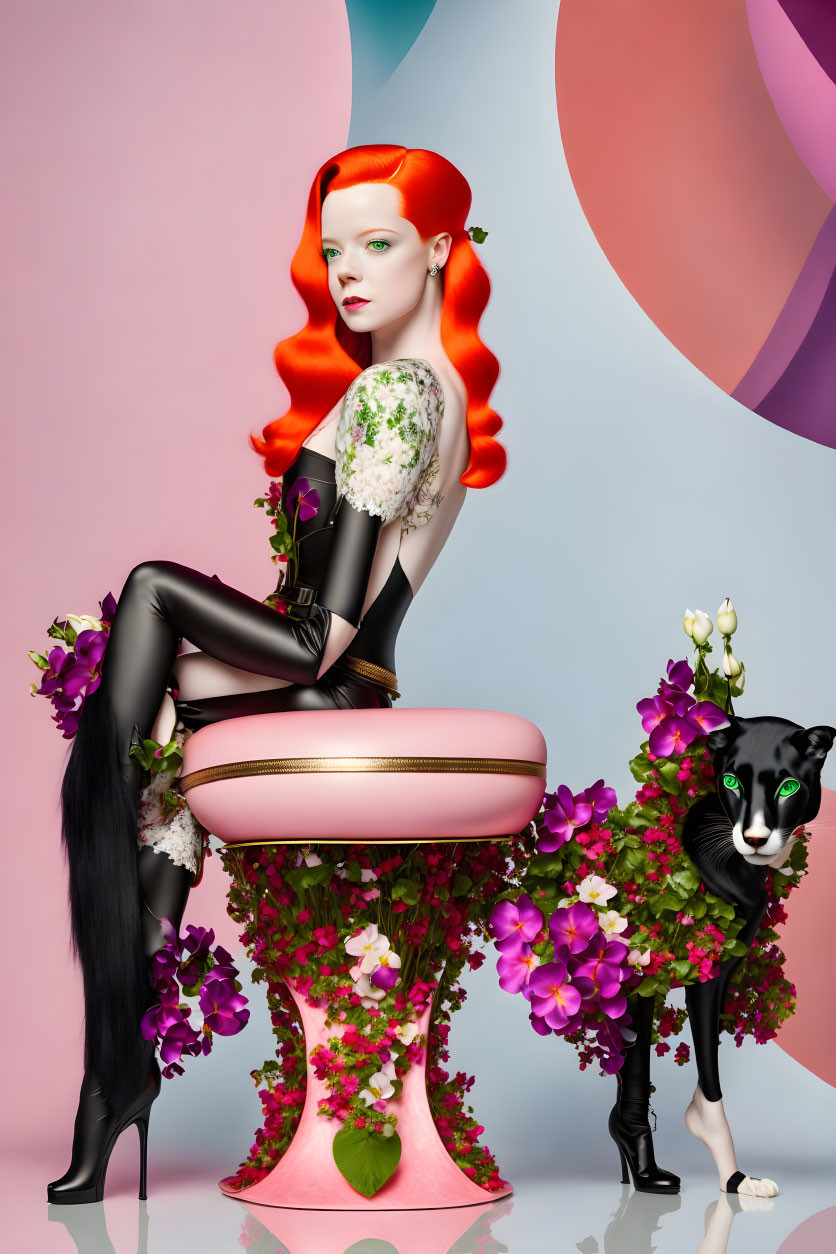 Stylized illustration of woman with red hair in black attire on pink stool with floral decorations and cat