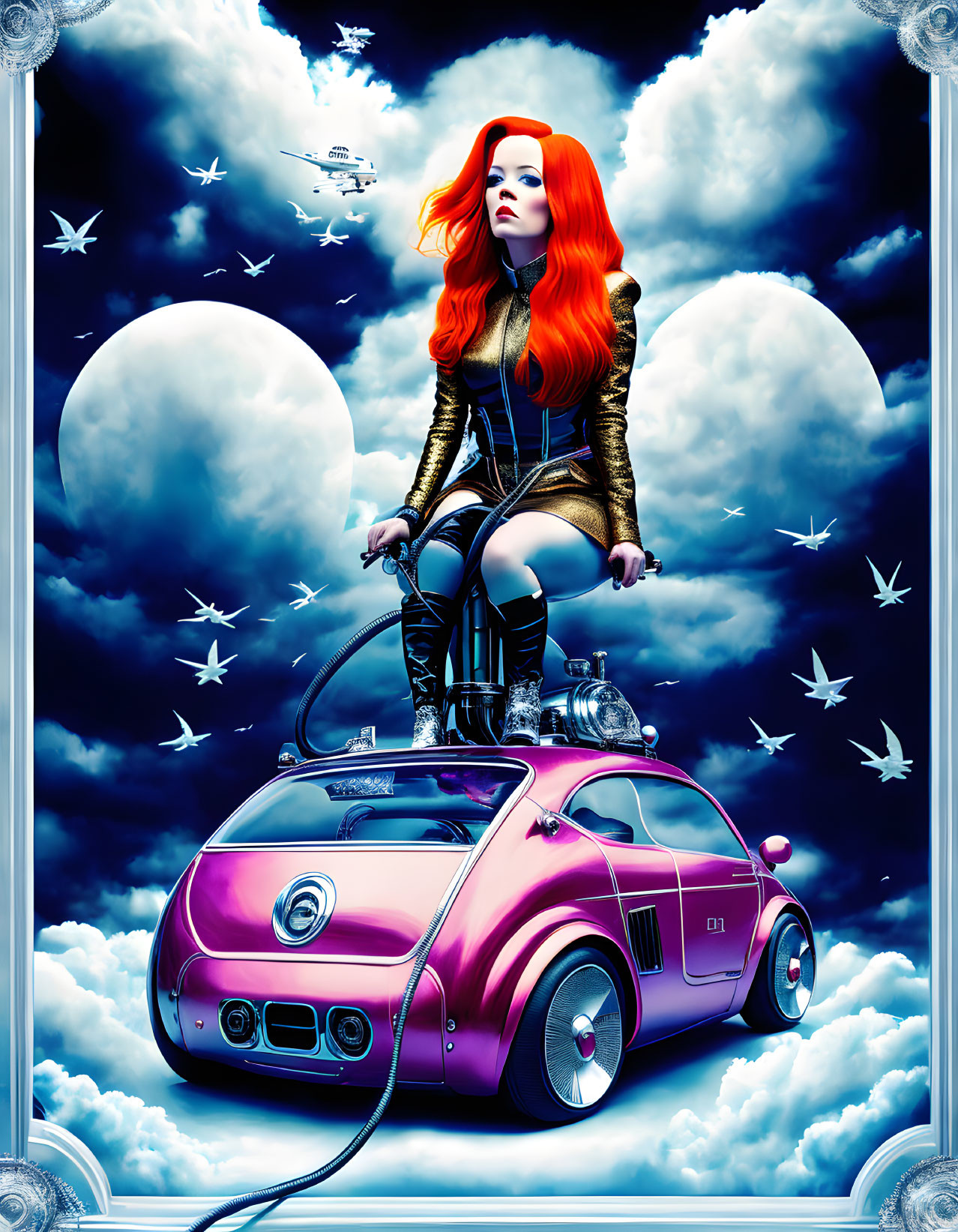 Vibrant red-haired woman on pink car in sky with birds