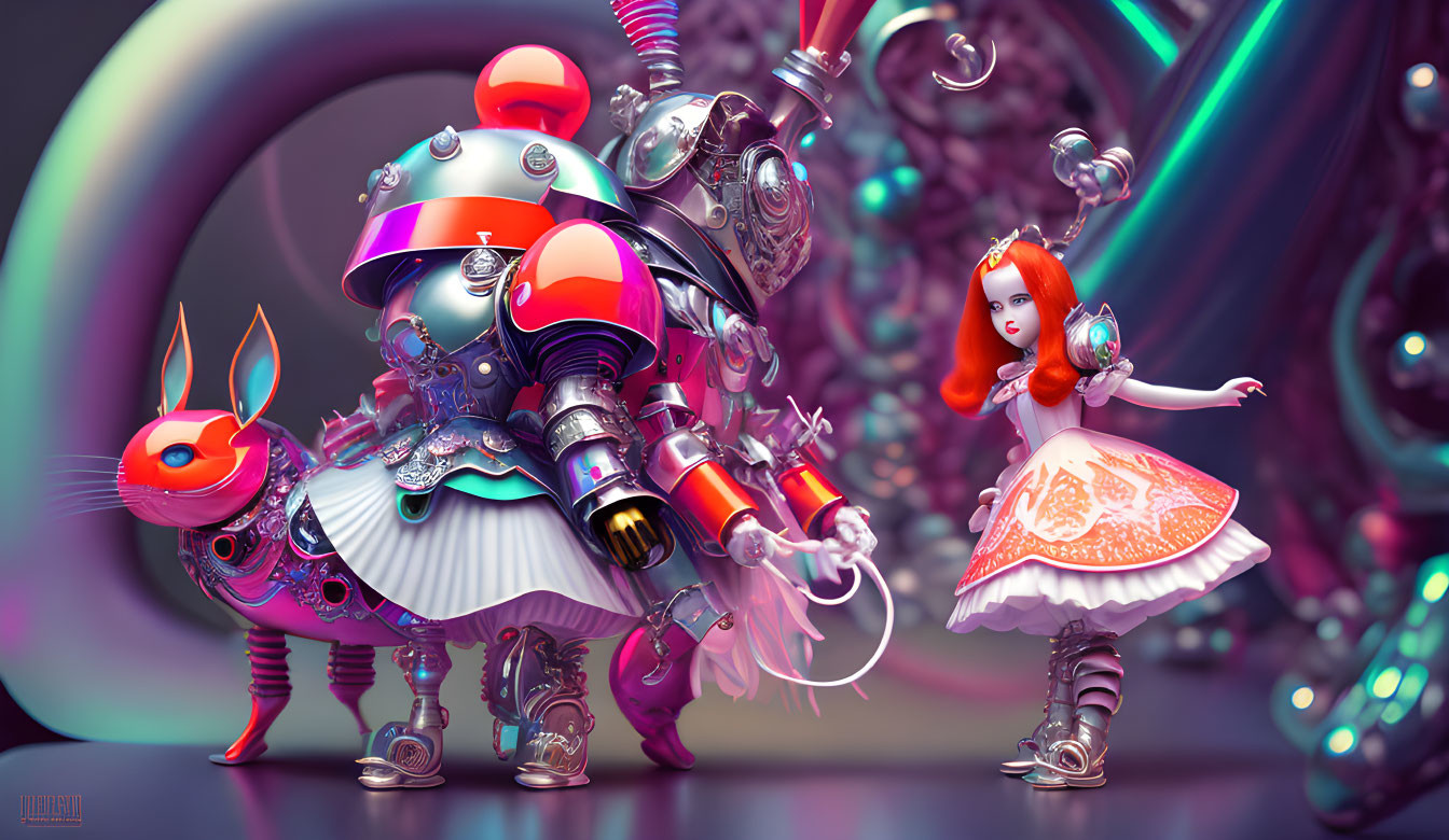 Girl in dress with robotic bunny & multi-limbed robot in colorful, futuristic scene