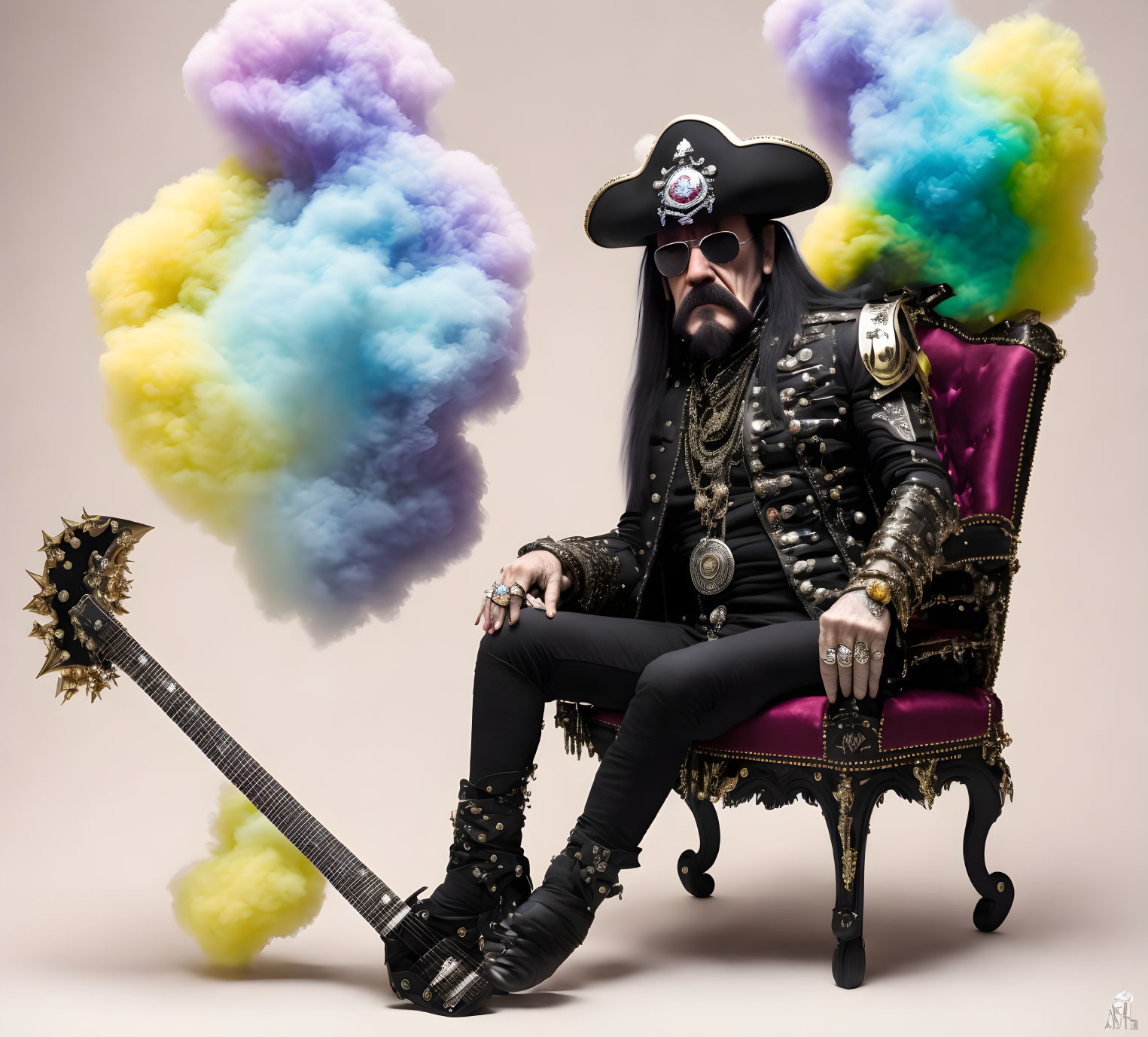 Pirate-metal rocker in ornate chair with spiked mace guitar surrounded by colorful smoke