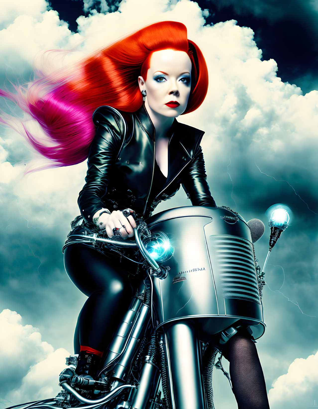 Red-haired woman in black leather outfit on motorcycle under dramatic clouds
