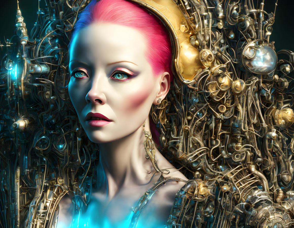 Vibrant pink hair woman with golden headdress and mechanical elements