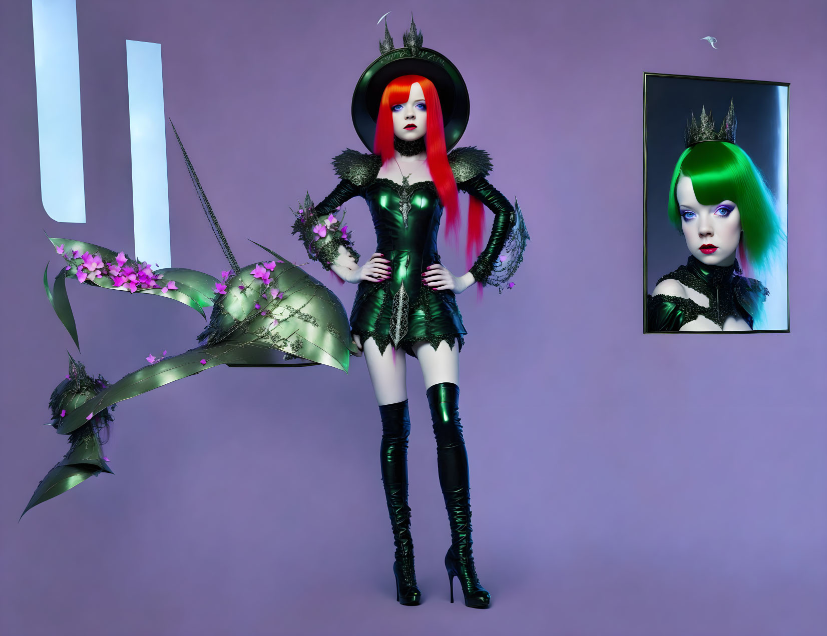 Stylized character in black gothic outfit with dragon-like creature and portrait