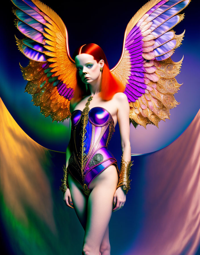 Colorful female figure with wings in purple and gold bodysuit on gradient background