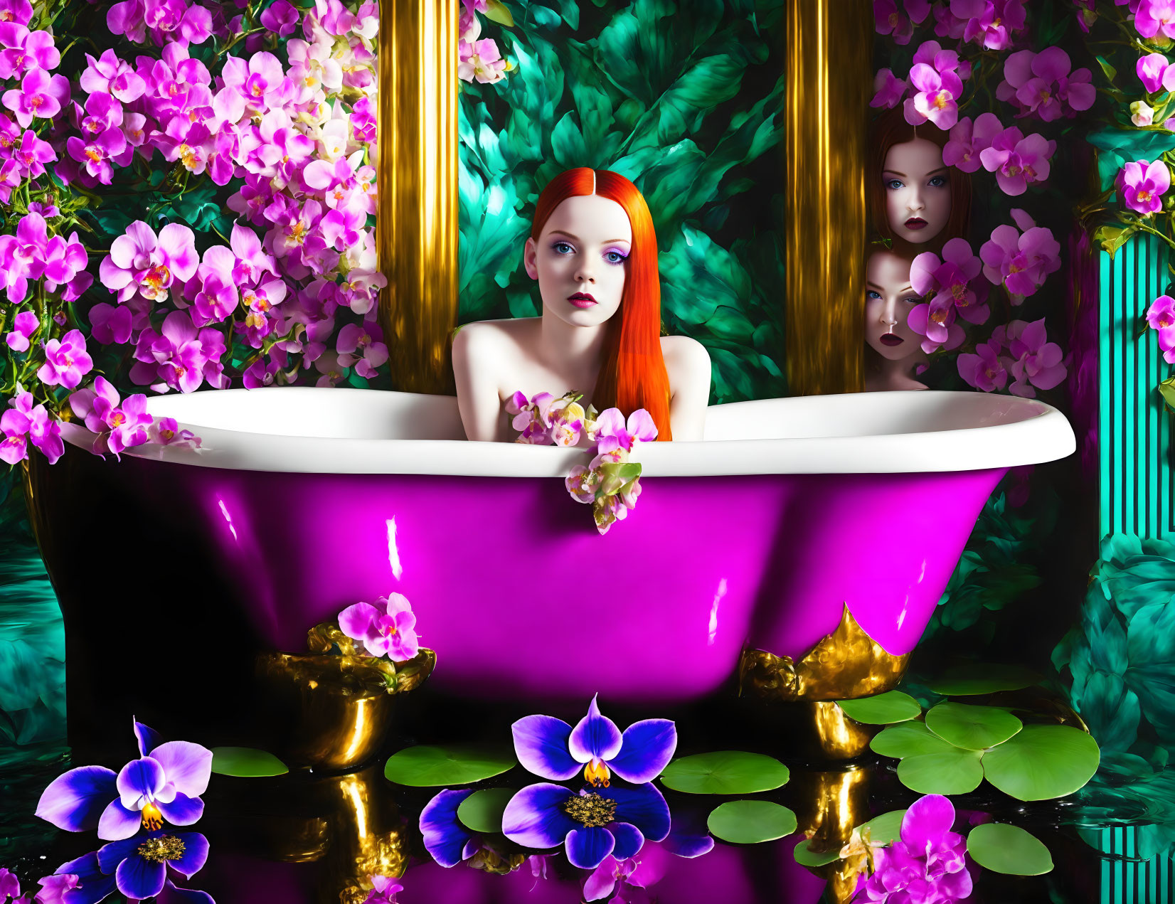 Red-haired woman in purple bathtub with greenery and pink flowers.