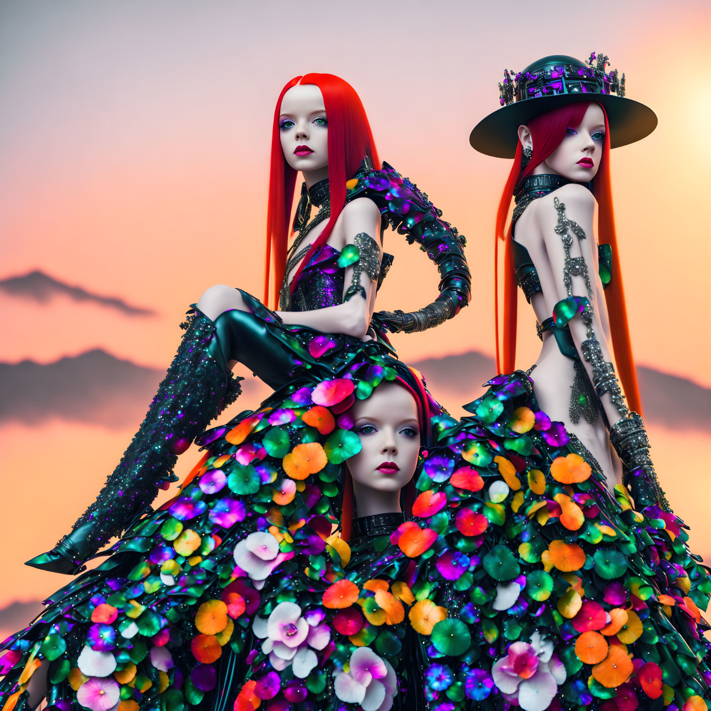 Three female models in vibrant floral-themed haute couture against a sunset mountain backdrop