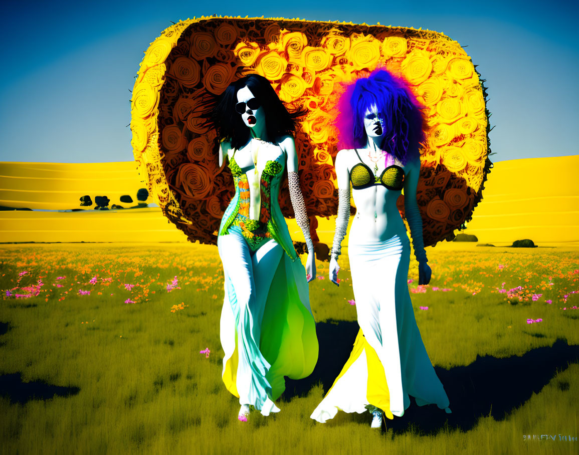 Stylized women with blue and purple hair in surreal landscape with giant sunflower