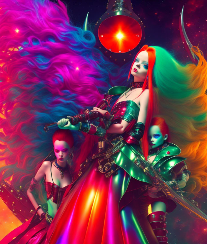 Digital Artwork: Three Futuristic Women with Colorful Hair in Cosmic Setting