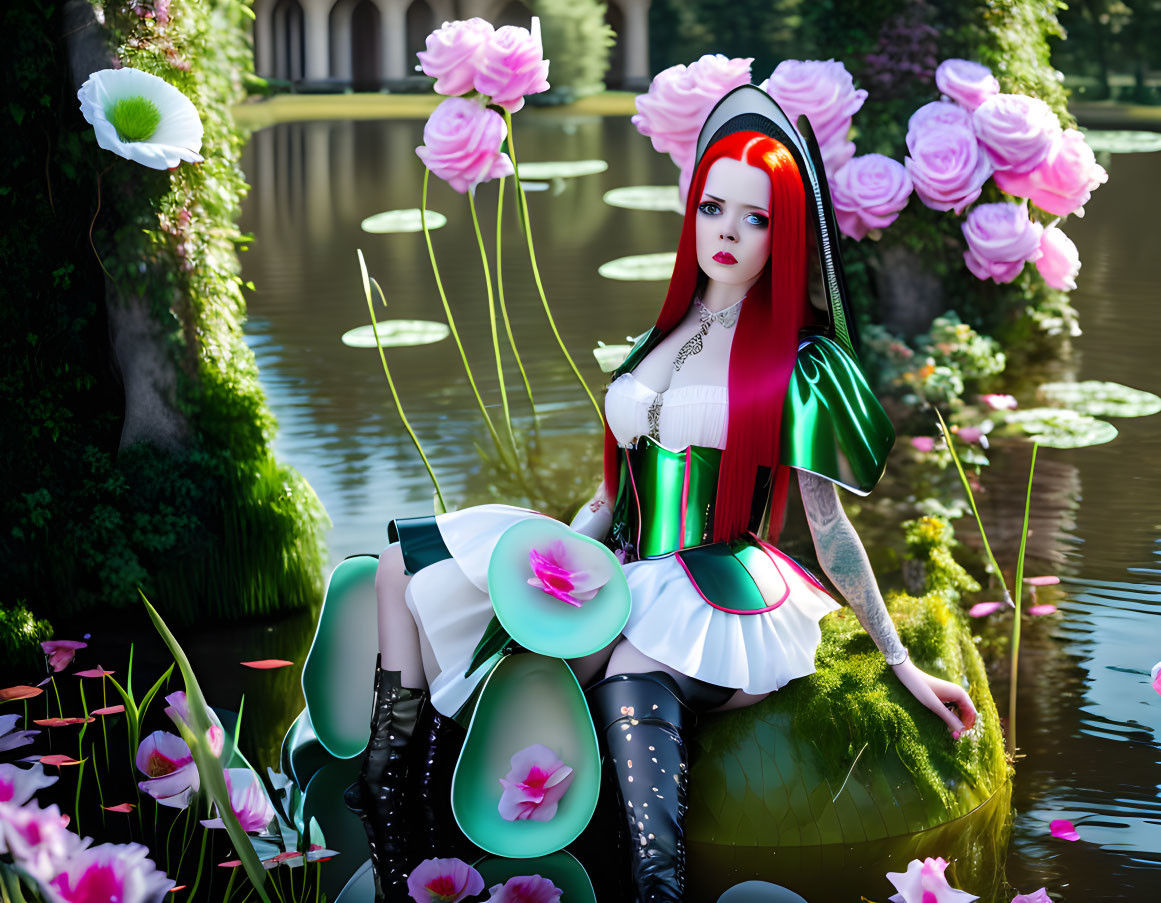 Colorful woman with red and black hair on green island with pink flowers