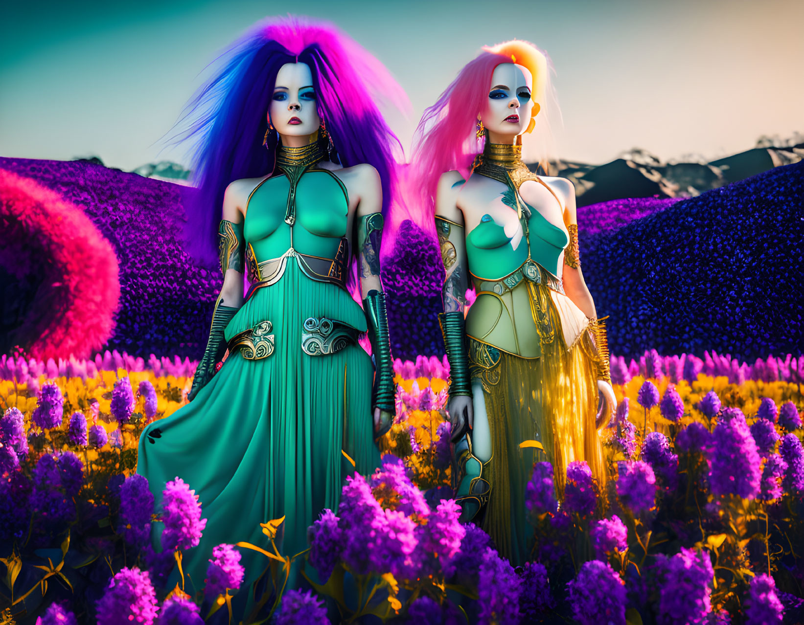 Vibrant blue and pink hair women in fantasy outfits in purple flower field