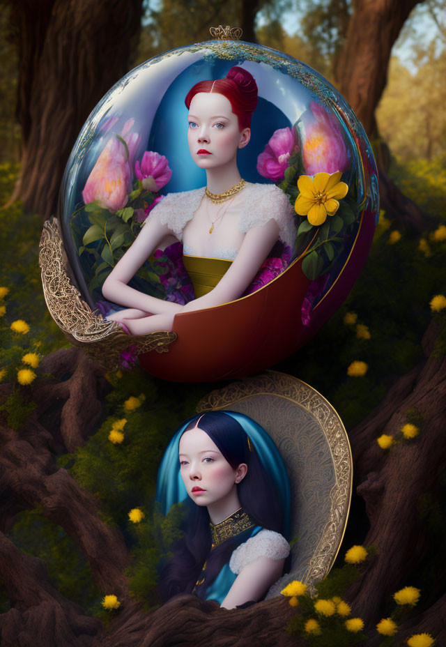 Surreal painting of two women in spherical spaces in forest landscape