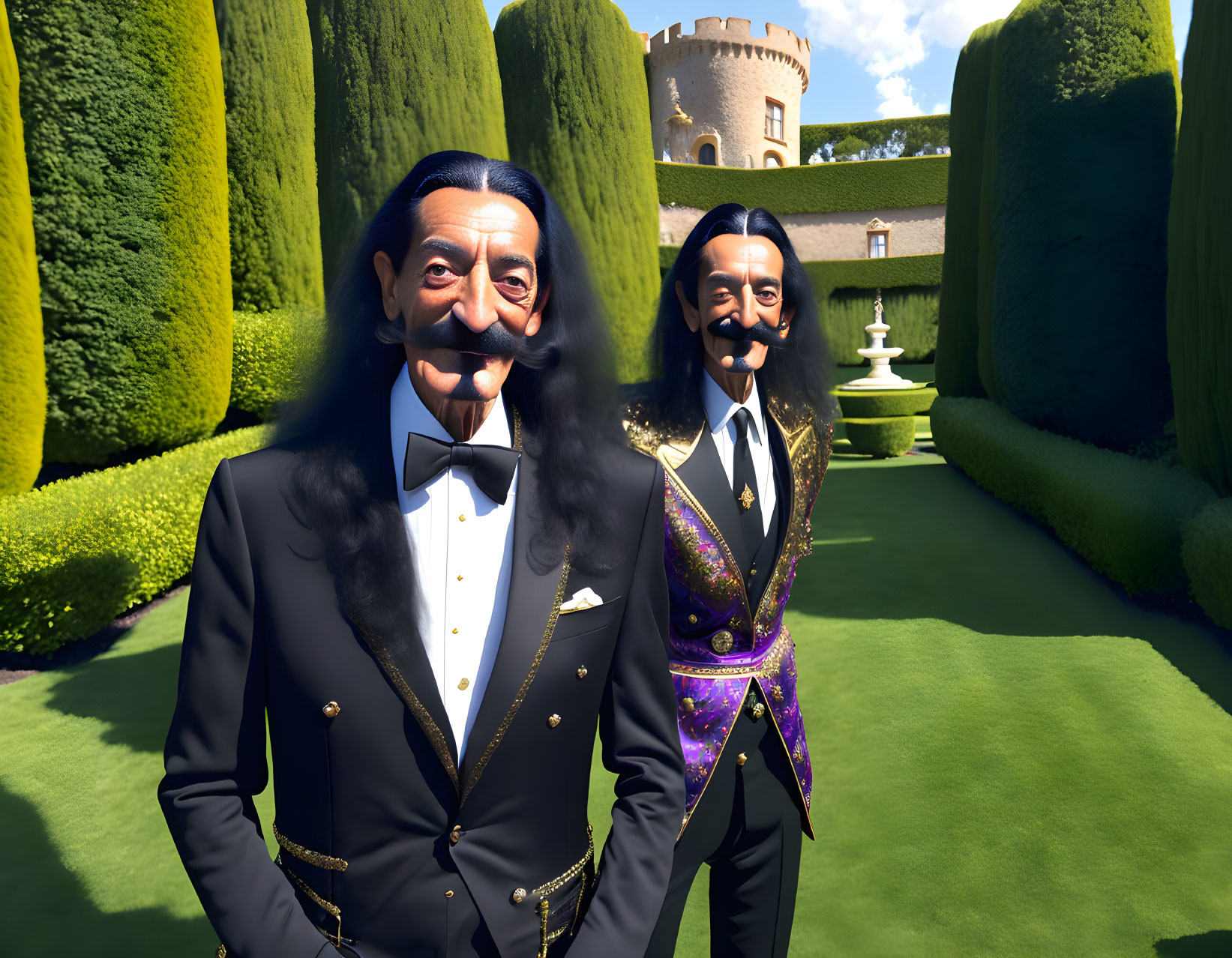 Stylized male figures in formal attire in garden with castle