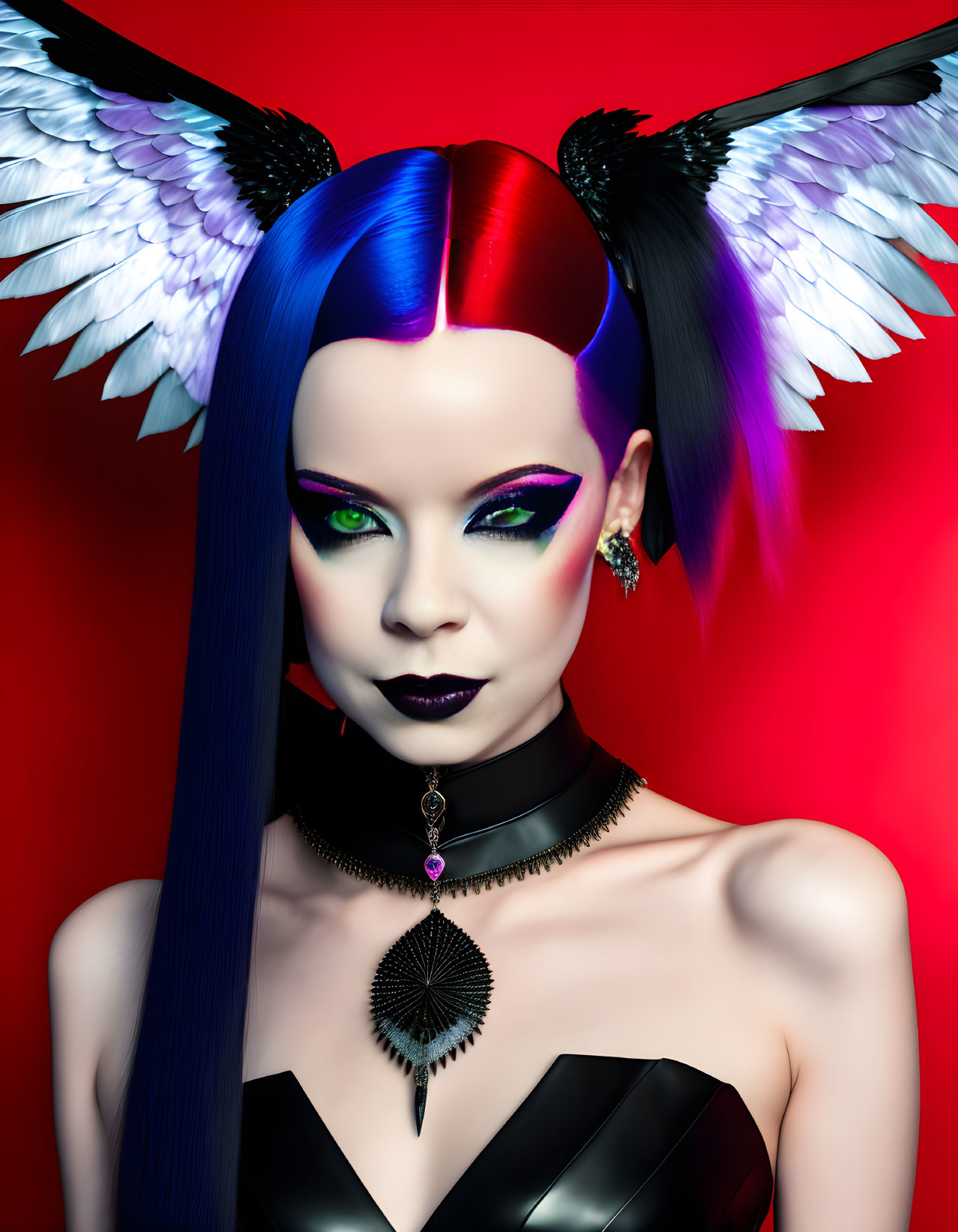 Split Blue and Red Hair Woman with Dramatic Makeup and Black/White Wings on Red Background