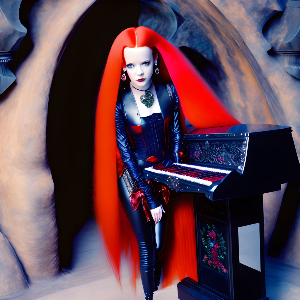 Striking red-haired woman in gothic attire by black piano in blue room