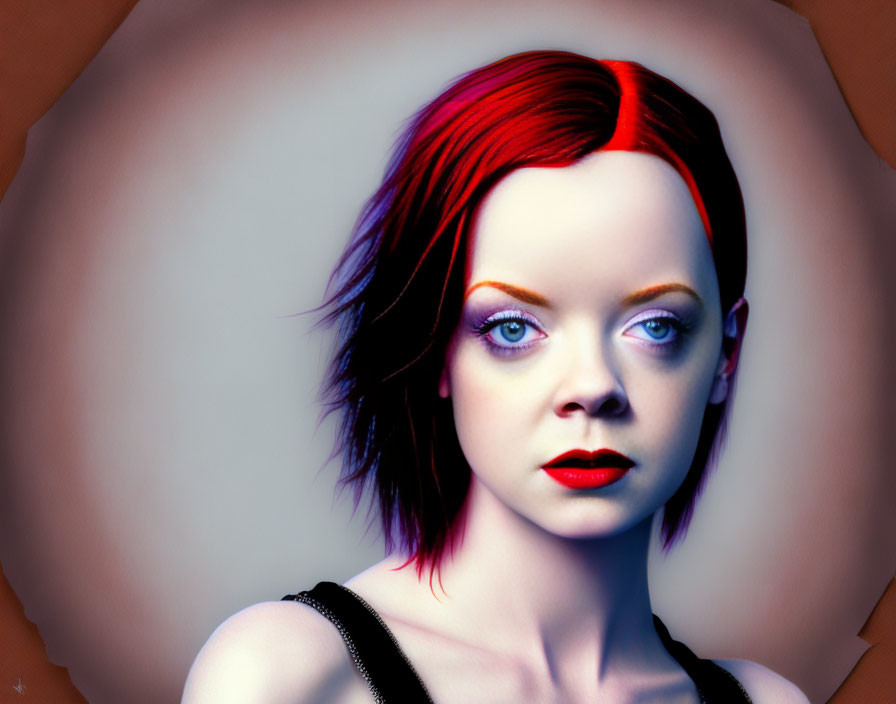 Digital portrait of woman with red hair and lipstick on warm background