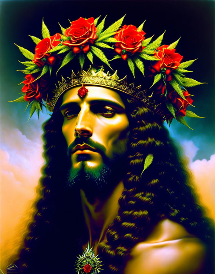 Symbolic portrait of a man with crown of thorns, roses halo, and sacred heart.