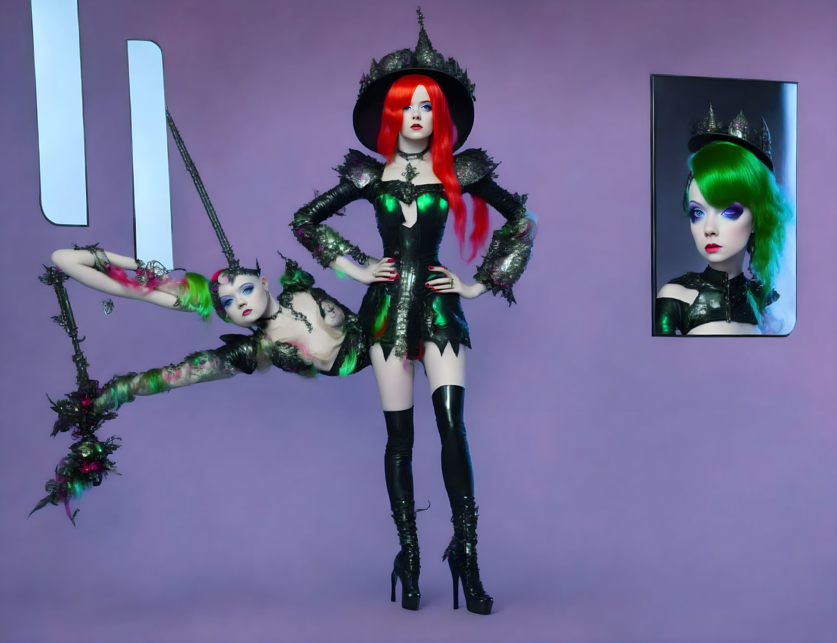 Three stylized female figures in colorful hair and gothic attire on purple background.