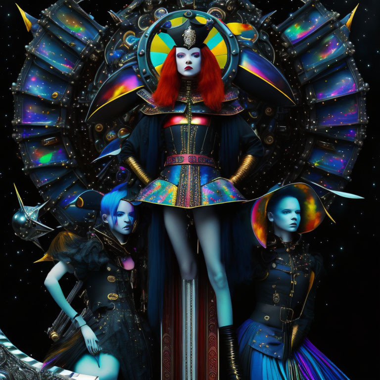 Futuristic Fashion: Three Models in Cosmic Attire and Celestial Headgear