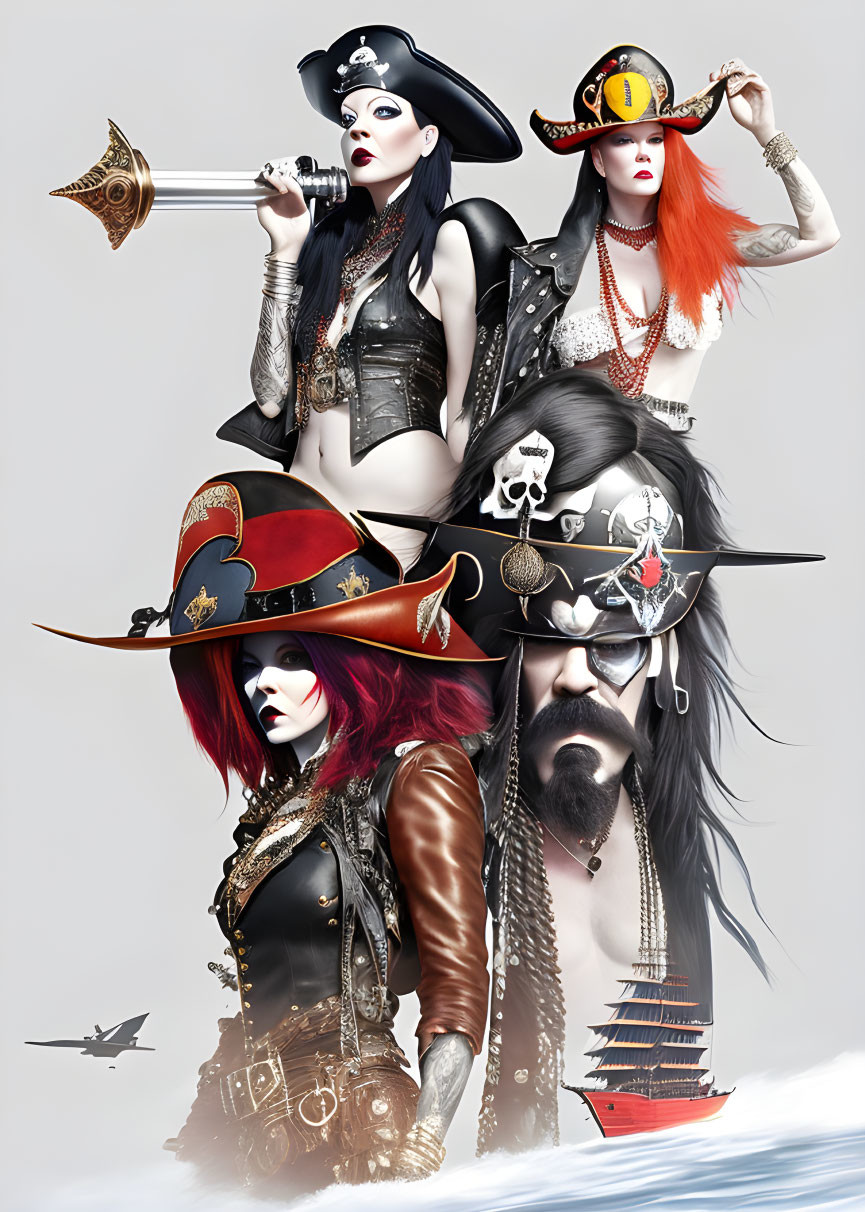 Stylized pirate characters in elaborate costumes against light background