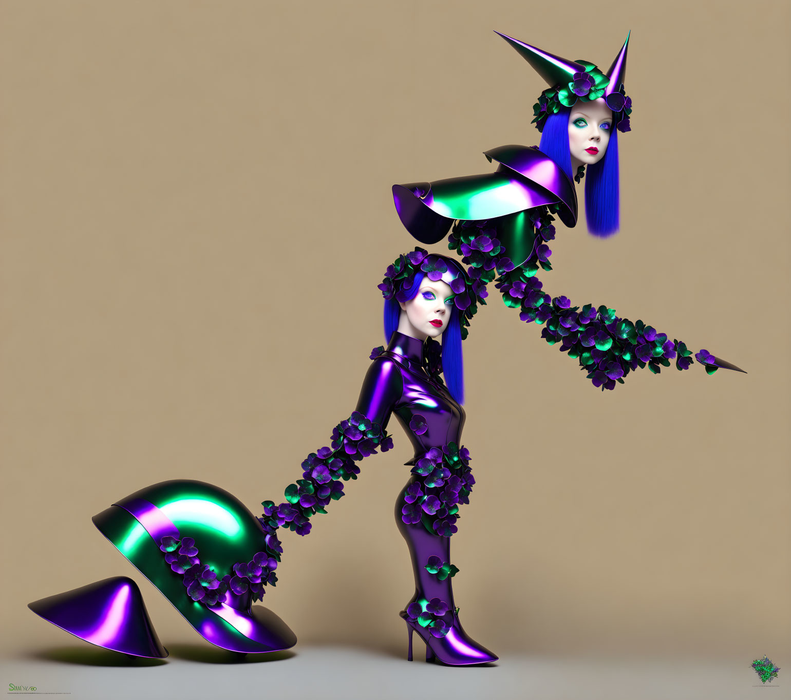Colorful 3D female figure in purple and green fantasy armor with floral patterns