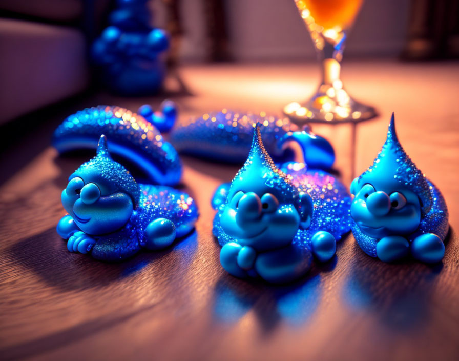 Blue Glitter-Covered Figurines in Cozy Indoor Setting