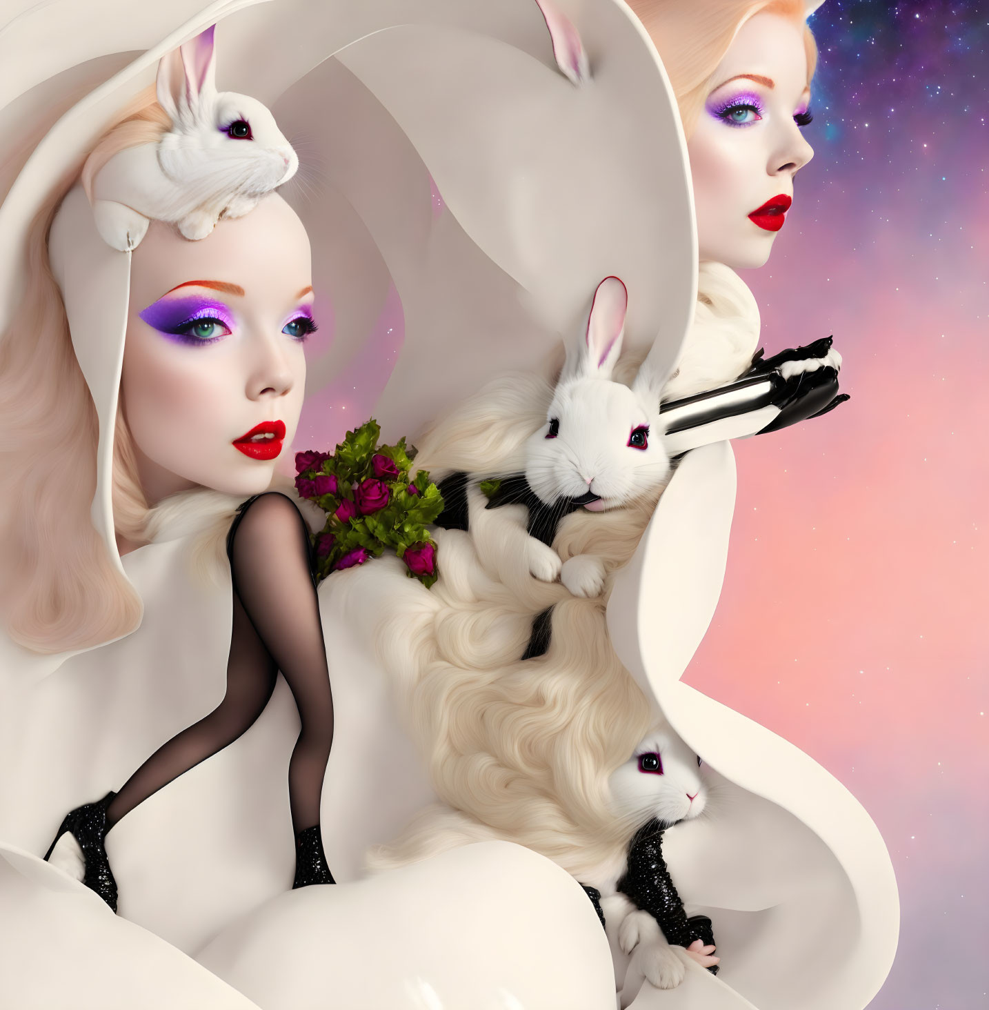 Surreal image of woman multiplied in spiraling form with cosmic backdrop and white rabbits.