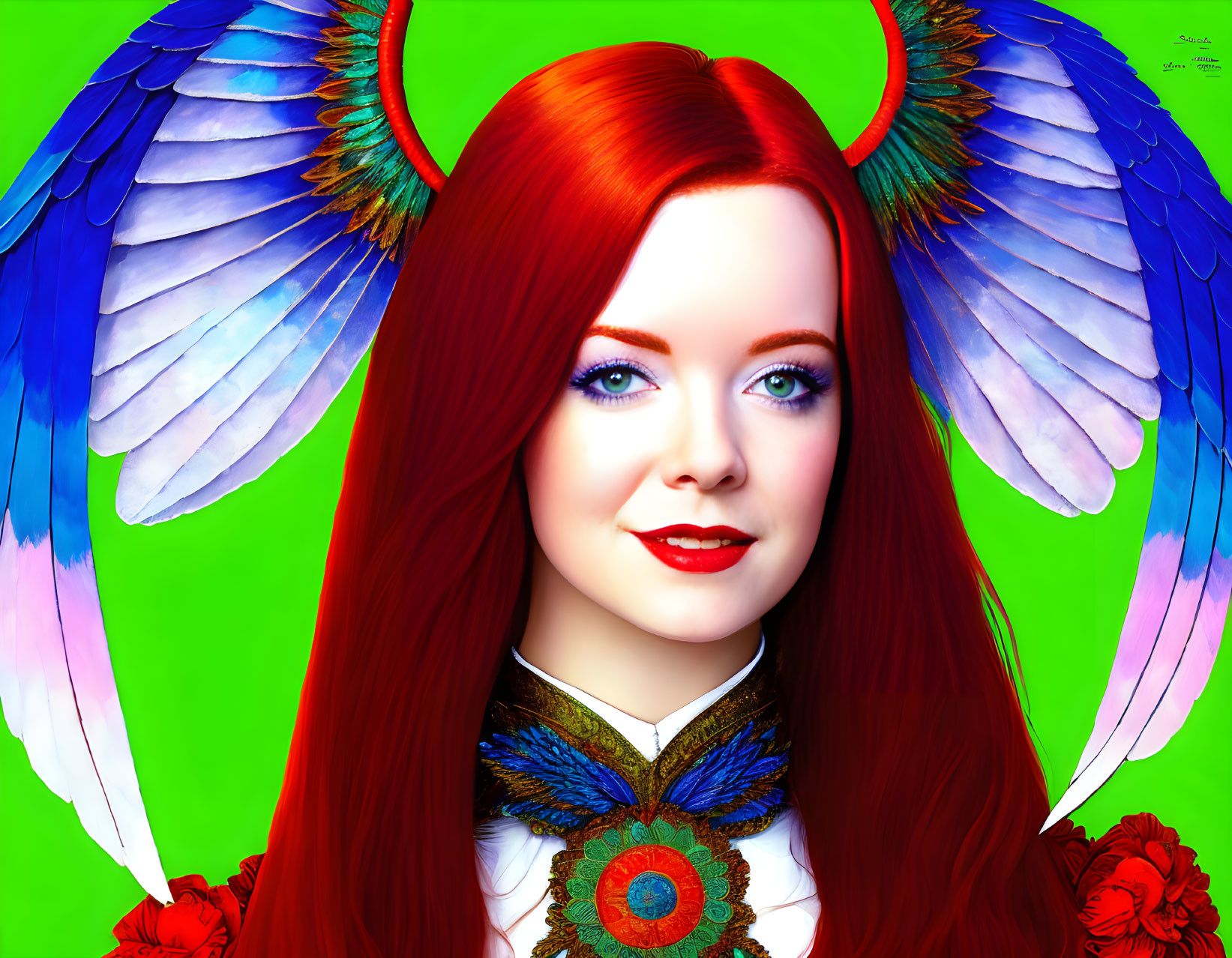 Colorful digital portrait of a woman with red hair and blue feathered wings on green background