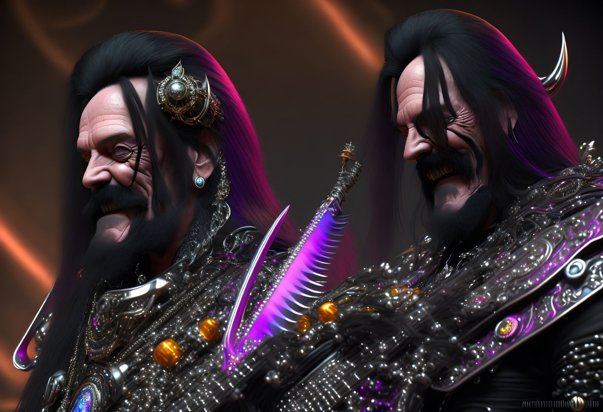 Fantasy warlords digital artwork with glowing purple sword