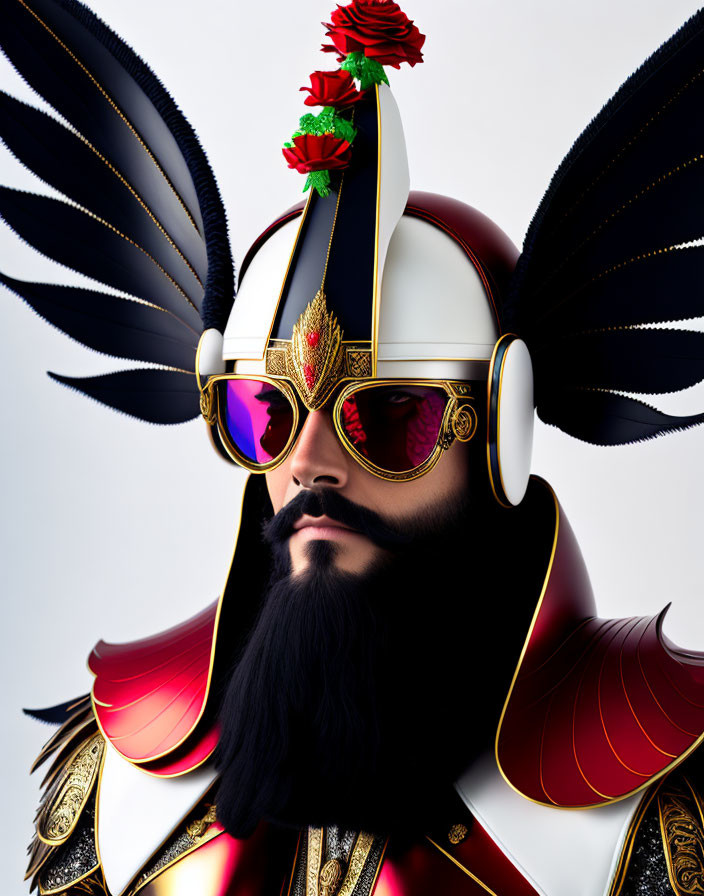 Stylized portrait of man with majestic beard and ornate helmet featuring feathers, rose, and gold