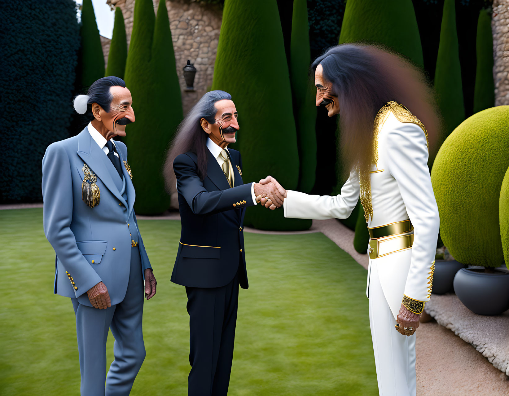 Three animated characters in elaborate outfits shaking hands in a garden setting.