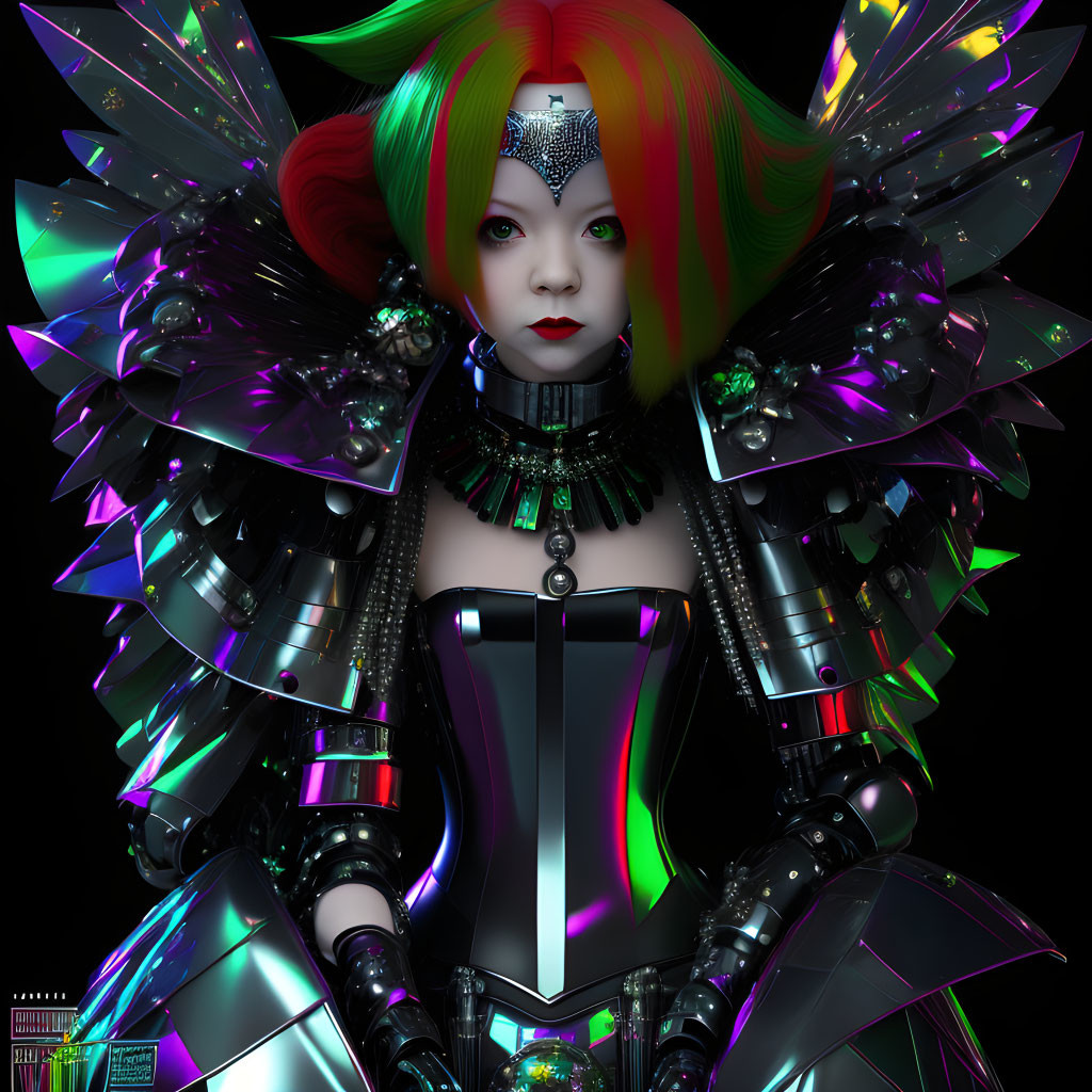 Futuristic female figure with red and green hair, jeweled headpiece, iridescent wings