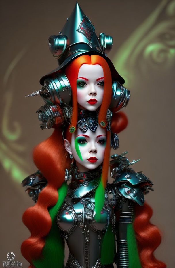 Digital artwork featuring two female cyborgs in silver armor with red hair and green eyes, standing back