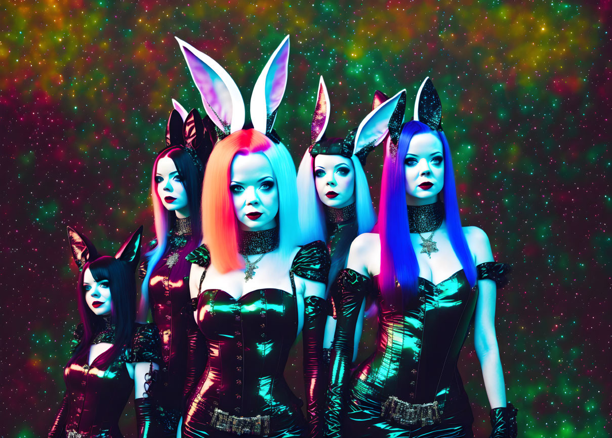 Five Women in Gothic Bunny Costumes with Luminescent Body Paint Under UV Light